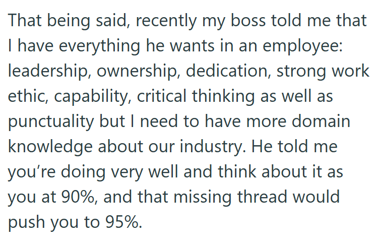 That being said, recently my boss told me that I have everything he wants in an employee: leadership, ownership, dedication, strong work ethic, capability, critical thinking as well as punctuality but I need to have more domain knowledge about our industry. He told me you're doing very well and think about it as you at 90%, and that missing thread would push you to 95%.