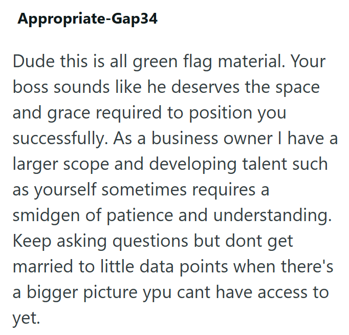 Appropriate-Gap34 Dude this is all green flag material. Your boss sounds like he deserves the space and grace required to position you successfully. As a business owner I have a larger scope and developing talent such as yourself sometimes requires a smidgen of patience and understanding. Keep asking questions but dont get married to little data points when there's a bigger picture you cant have access to yet.