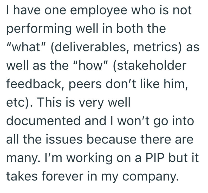 I have one employee who is not performing well in both the "what" (deliverables, metrics) as well as the "how" (stakeholder feedback, peers don't like him, etc). This is very well documented and I won't go into all the issues because there are many. I'm working on a PIP but it takes forever in my company.