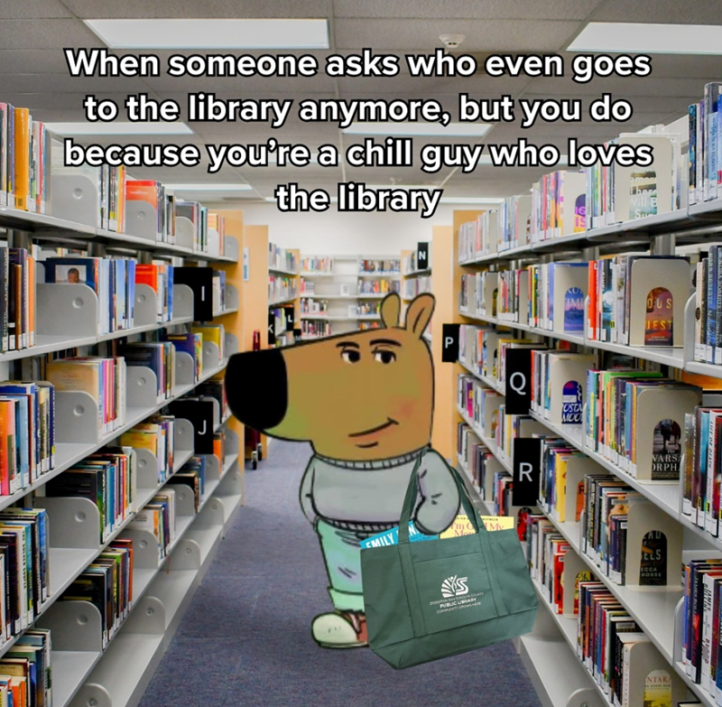 When someone asks who even goes to the library anymore, but you do because you're a chill guy who loves the library TO THE WAYEN COL P 0 OSTA MOO R EMILY mMy Mo S OUS JEST HORA ROBERTS NA VARS ORPH ELS ECCA HORSE JAMES ROLLIN BLOOD NTARA