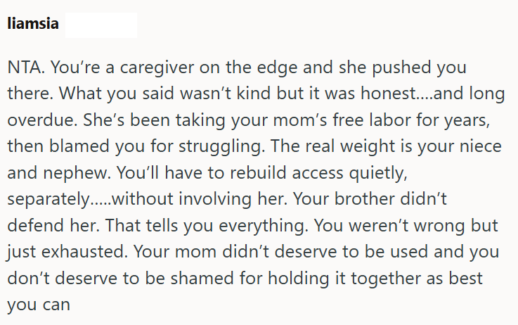 liamsia NTA. You're a caregiver on the edge and she pushed you there. What you said wasn't kind but it was honest....and long overdue. She's been taking your mom's free labor for years, then blamed you for struggling. The real weight is your niece and nephew. You'll have to rebuild access quietly, separately.....without involving her. Your brother didn't defend her. That tells you everything. You weren't wrong but just exhausted. Your mom didn't deserve to be used and you don't deserve to be sha