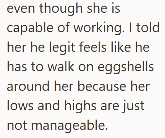 even though she is capable of working. I told her he legit feels like he has to walk on eggshells around her because her lows and highs are just not manageable.