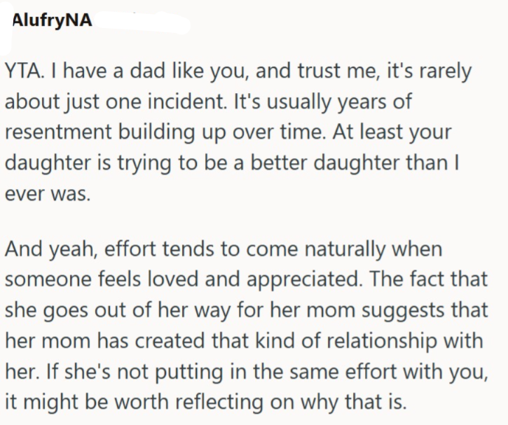 AlufryNA YTA. I have a dad like you, and trust me, it's rarely about just one incident. It's usually years of resentment building up over time. At least your daughter is trying to be a better daughter than I ever was. And yeah, effort tends to come naturally when someone feels loved and appreciated. The fact that she goes out of her way for her mom suggests that her mom has created that kind of relationship with her. If she's not putting in the same effort with you, it might be worth reflecting