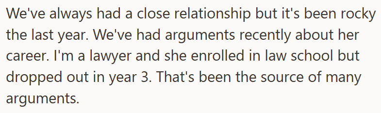 We've always had a close relationship but it's been rocky the last year. We've had arguments recently about her career. I'm a lawyer and she enrolled in law school but dropped out in year 3. That's been the source of many arguments.