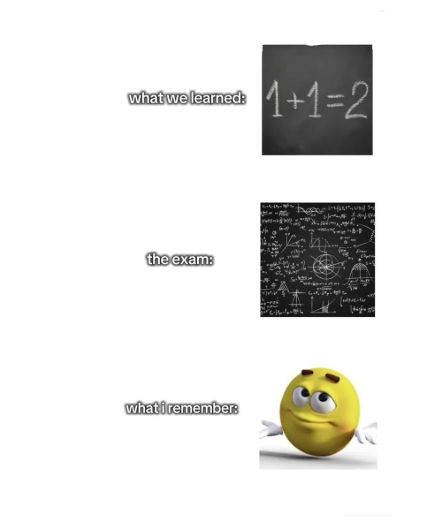 what we learned: 1+1=2 the exam: what i remember: