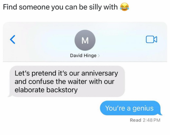 Find someone you can be silly with > M David Hinge > Let's pretend it's our anniversary and confuse the waiter with our elaborate backstory You're a genius Read 2:48 PM