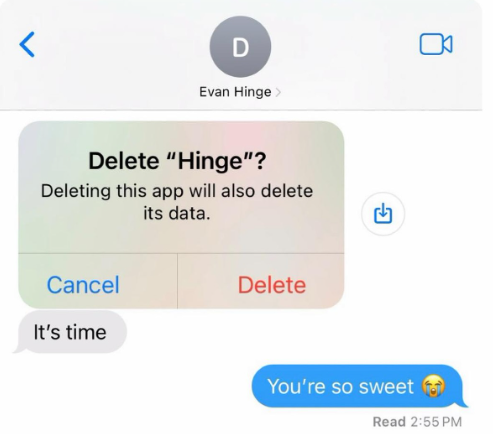 D Evan Hinge > Delete "Hinge"? Deleting this app will also delete its data. ☑ Cancel It's time Delete You're so sweet Read 2:55 PM