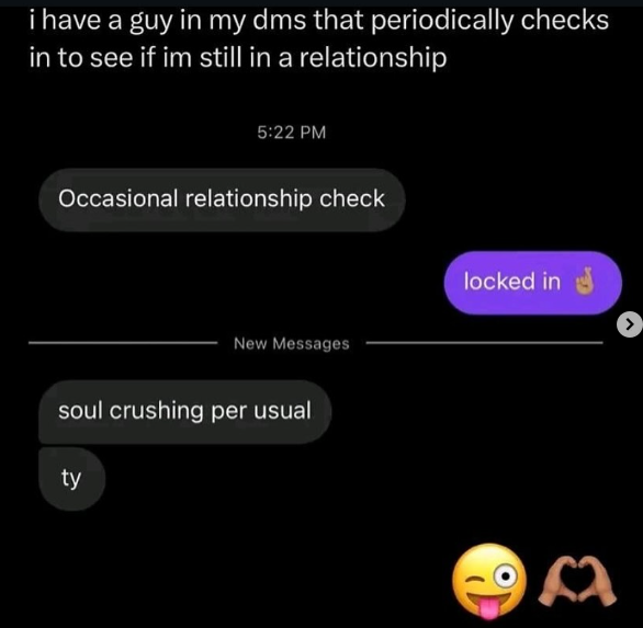 i have a guy in my dms that periodically checks in to see if im still in a relationship 5:22 PM Occasional relationship check New Messages soul crushing per usual ty locked in