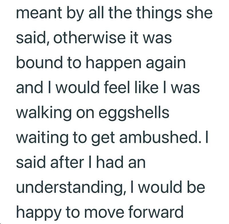 meant by all the things she said, otherwise it was bound to happen again and I would feel like I was walking on eggshells waiting to get ambushed. I said after I had an understanding, I would be happy to move forward