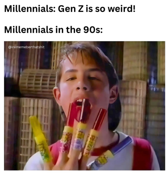 Millennials: Gen Z is so weird! Millennials in the 90s: @irememeberthatshit