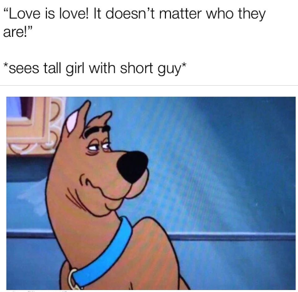"Love is love! It doesn't matter who they are!" *sees tall girl with short guy*