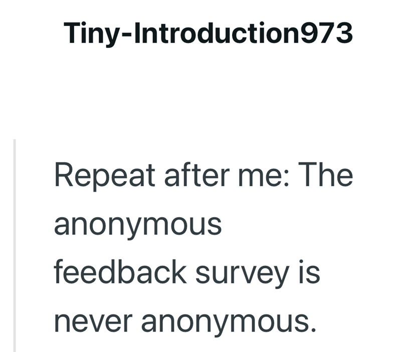 Tiny-Introduction973 Repeat after me: The anonymous feedback survey is never anonymous.