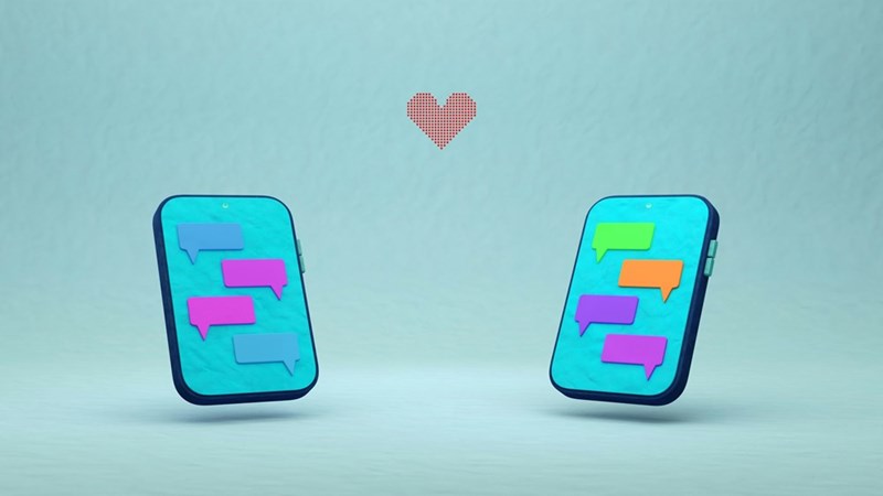 two phones with chat bubbles and a heart in the middle