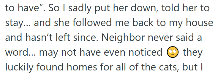 to have". So I sadly put her down, told her to stay... and she followed me back to my house and hasn't left since. Neighbor never said a word... may not have even noticed they luckily found homes for all of the cats, but I