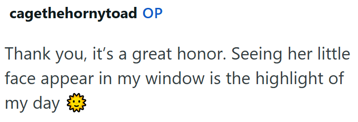 cagethehornytoad OP Thank you, it's a great honor. Seeing her little face appear in my window is the highlight of my day