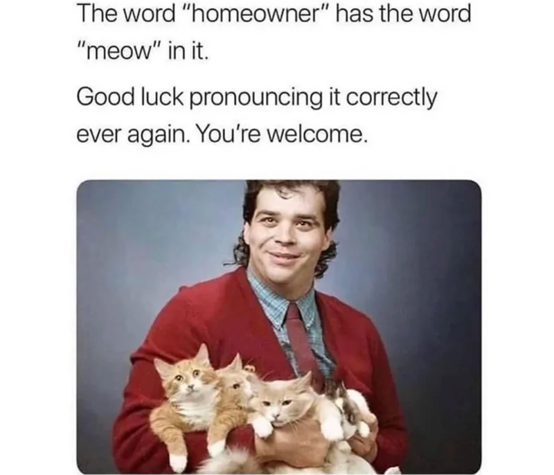 The word "homeowner" has the word "meow" in it. Good luck pronouncing it correctly ever again. You're welcome.