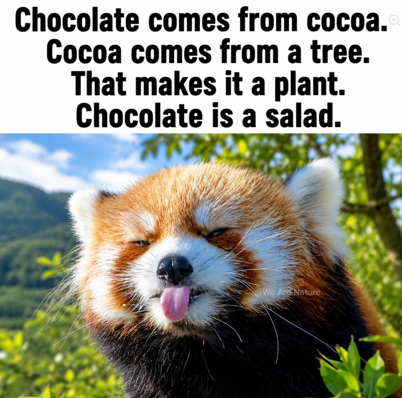 Chocolate comes from cocoa. Cocoa comes from a tree. That makes it a plant. Chocolate is a salad. @We Are Nature +