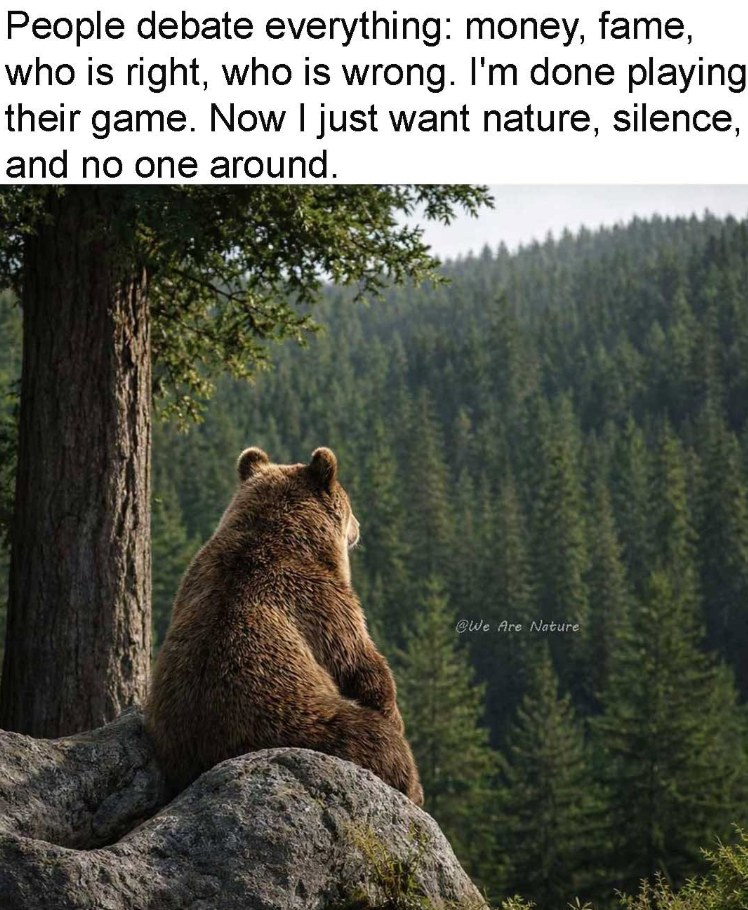 People debate everything: money, fame, who is right, who is wrong. I'm done playing their game. Now I just want nature, silence, and no one around. @We Are Nature