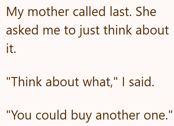 My mother called last. She asked me to just think about it. "Think about what," I said. "You could buy another one."