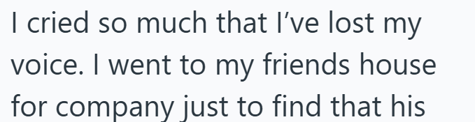 I cried so much that I've lost my voice. I went to my friends house for company just to find that his