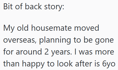 Bit of back story: My old housemate moved overseas, planning to be gone for around 2 years. I was more than happy to look after is 6yo