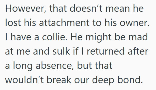 However, that doesn't mean he lost his attachment to his owner. I have a collie. He might be mad at me and sulk if I returned after a long absence, but that wouldn't break our deep bond.