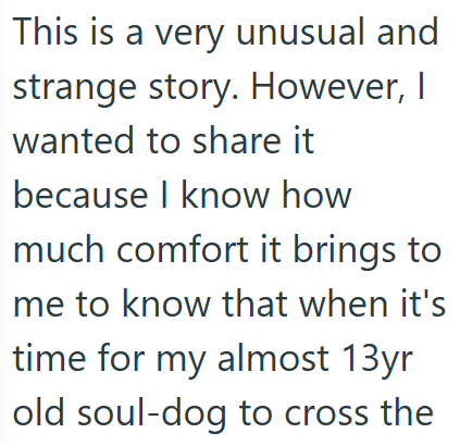 This is a very unusual and strange story. However, I wanted to share it because I know how much comfort it brings to me to know that when it's time for my almost 13yr old soul-dog to cross the