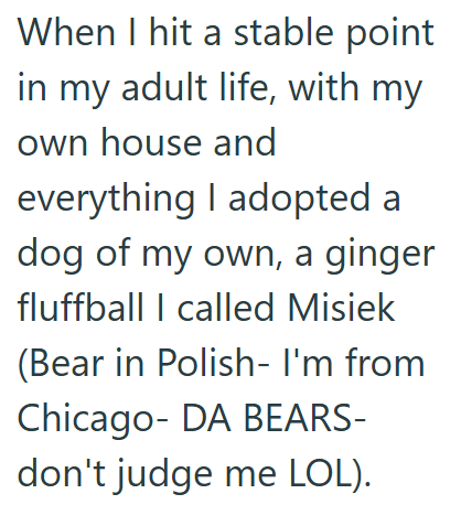 When I hit a stable point in my adult life, with my own house and everything I adopted a dog of my own, a ginger fluffball I called Misiek (Bear in Polish- I'm from Chicago- DA BEARS- don't judge me LOL).