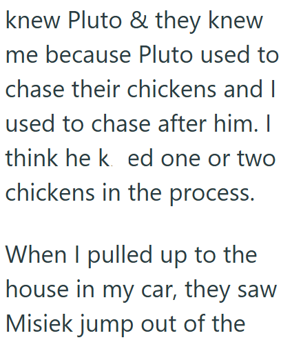 knew Pluto & they knew me because Pluto used to chase their chickens and I used to chase after him. I think he k ed one or two chickens in the process. When I pulled up to the house in my car, they saw Misiek jump out of the