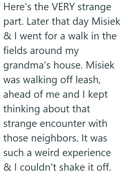 Here's the VERY strange part. Later that day Misiek & I went for a walk in the fields around my grandma's house. Misiek was walking off leash, ahead of me and I kept thinking about that strange encounter with those neighbors. It was such a weird experience & I couldn't shake it off.