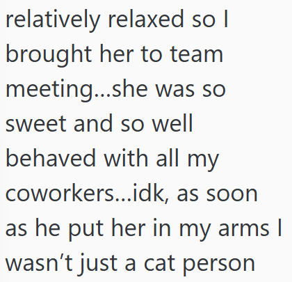 relatively relaxed so I brought her to team meeting...she was so sweet and so well behaved with all my coworkers...idk, as soon as he put her in my arms I wasn't just a cat person