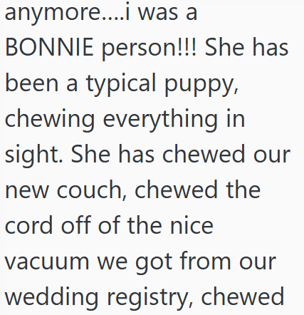 anymore....i was a BONNIE person!!! She has been a typical puppy, chewing everything in sight. She has chewed our new couch, chewed the cord off of the nice vacuum we got from our wedding registry, chewed
