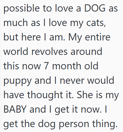 possible to love a DOG as much as I love my cats, but here I am. My entire world revolves around this now 7 month old puppy and I never would have thought it. She is my BABY and I get it now. I get the dog person thing.