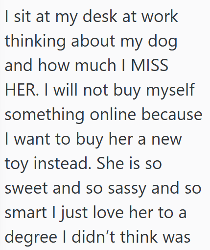 I sit at my desk at work thinking about my dog and how much I MISS HER. I will not buy myself something online because I want to buy her a new toy instead. She is so sweet and so sassy and so smart I just love her to a degree I didn't think was