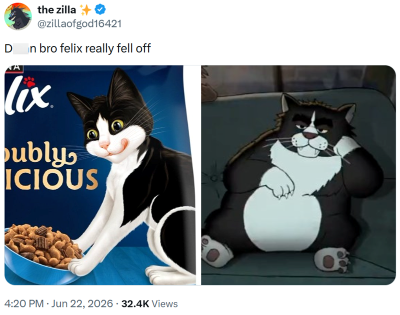 D NA the zilla @zillaofgod16421 in bro felix really fell off lex bubly ICIOUS 4:20 PM - Jun 22, 2026 32.4K Views •