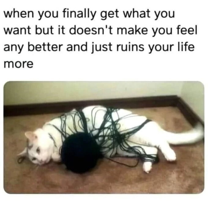when you finally get what you want but it doesn't make you feel any better and just ruins your life more