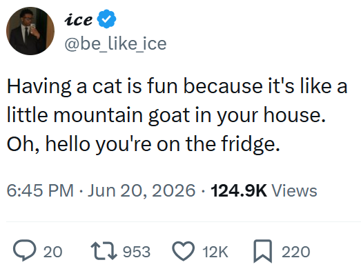 ice @be_like_ice Having a cat is fun because it's like a little mountain goat in your house. Oh, hello you're on the fridge. 6:45 PM ⚫ Jun 20, 2026 124.9K Views ◇ 20 17953 12K 220