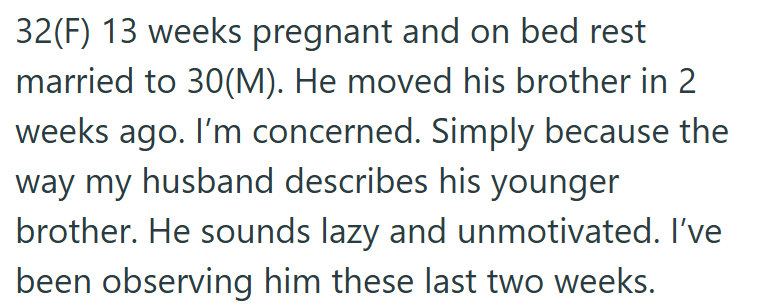 32(F) 13 weeks pregnant and on bed rest married to 30(M). He moved his brother in 2 weeks ago. I'm concerned. Simply because the way my husband describes his younger brother. He sounds lazy and unmotivated. I've been observing him these last two weeks.