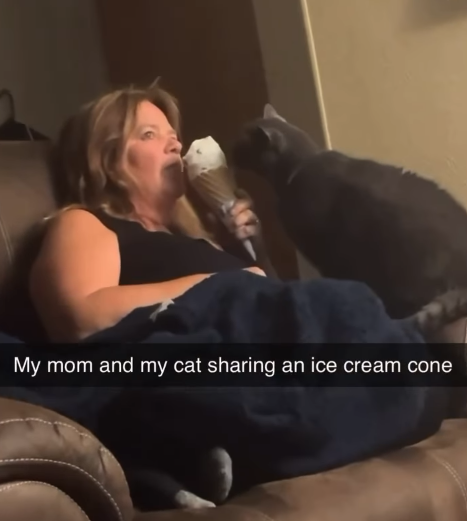 My mom and my cat sharing an ice cream cone