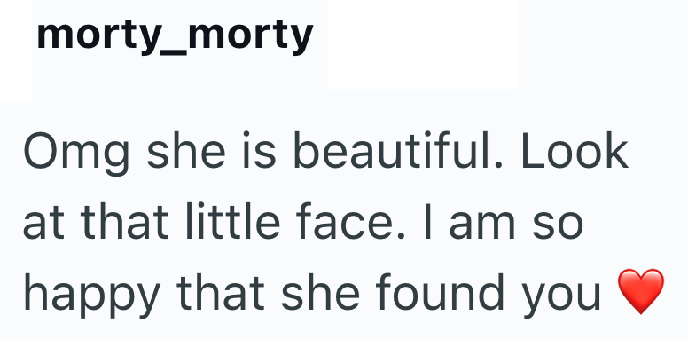 morty_morty Omg she is beautiful. Look at that little face. I am so happy that she found you