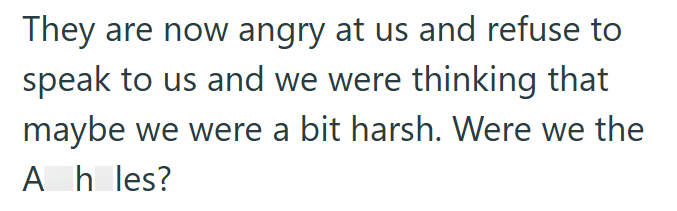 They are now angry at us and refuse to speak to us and we were thinking that maybe we were a bit harsh. Were we the Ah les?