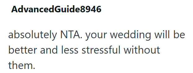AdvancedGuide8946 absolutely NTA. your wedding will be better and less stressful without them.