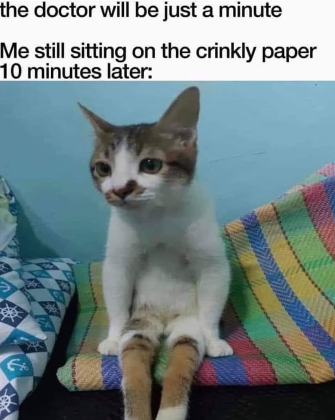 the doctor will be just a minute Me still sitting on the crinkly paper 10 minutes later: 4