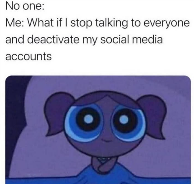 No one: Me: What if I stop talking to everyone and deactivate my social media accounts