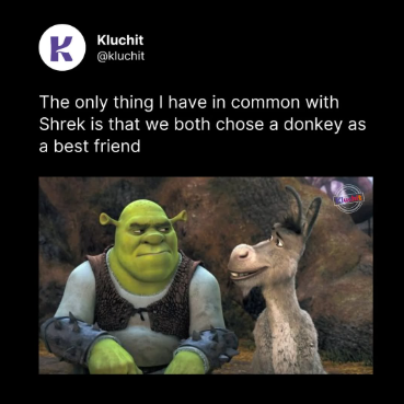 K Kluchit @kluchit The only thing I have in common with Shrek is that we both chose a donkey as a best friend