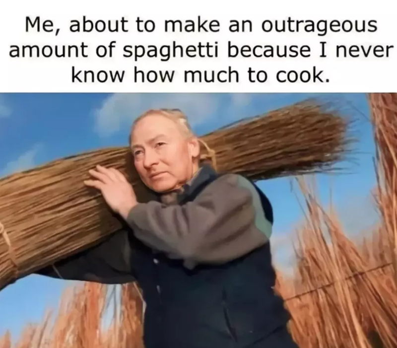 Me, about to make an outrageous amount of spaghetti because I never know how much to cook.