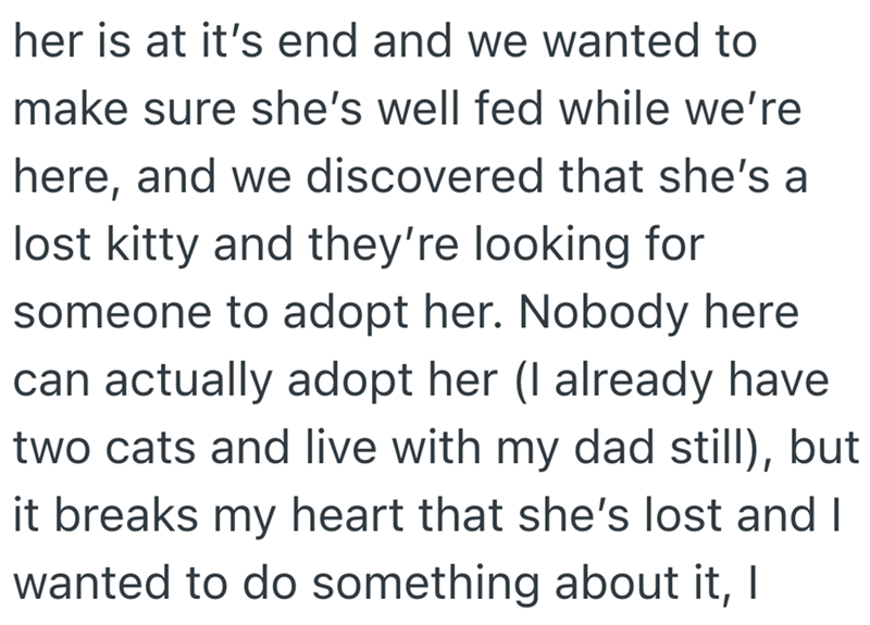 her is at it's end and we wanted to make sure she's well fed while we're here, and we discovered that she's a lost kitty and they're looking for someone to adopt her. Nobody here can actually adopt her (I already have two cats and live with my dad still), but it breaks my heart that she's lost and I wanted to do something about it, |