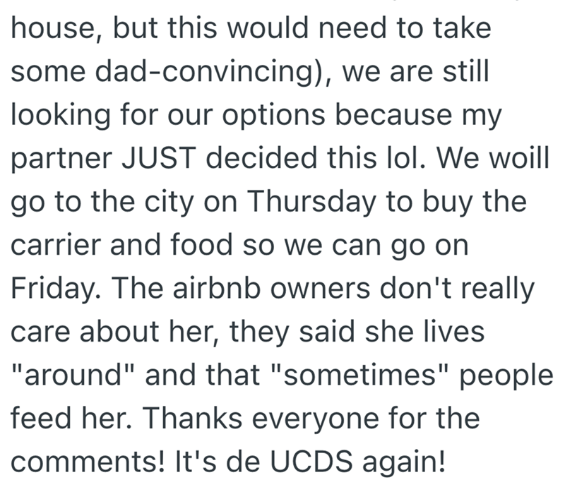 house, but this would need to take some dad-convincing), we are still looking for our options because my partner JUST decided this lol. We woill go to the city on Thursday to buy the carrier and food so we can go on Friday. The airbnb owners don't really care about her, they said she lives "around" and that "sometimes" people feed her. Thanks everyone for the comments! It's de UCDS again!
