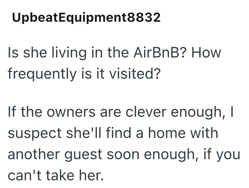 UpbeatEquipment8832 Is she living in the AirBnB? How frequently is it visited? If the owners are clever enough, I suspect she'll find a home with another guest soon enough, if you can't take her.