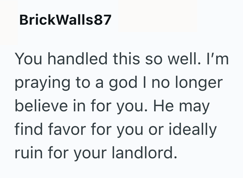BrickWalls87 You handled this so well. I'm praying to a god I no longer believe in for you. He may find favor for you or ideally ruin for your landlord.